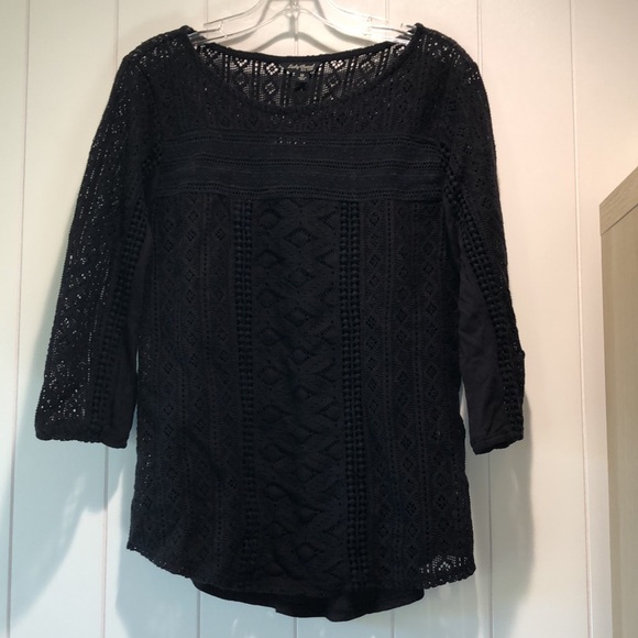 Lucky Brand black knit crochet 3/4 sleeve semi open knit weave M - Picture 2 of 8